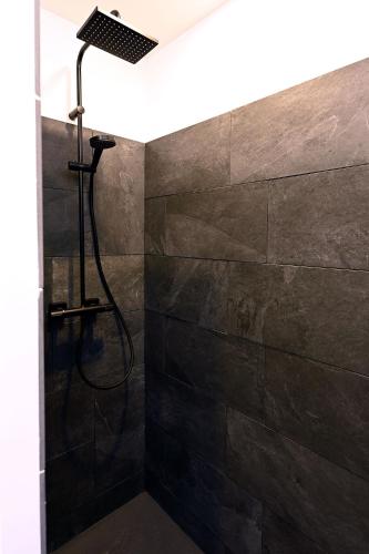 La salle de bains est pourvue d'une douche et d'un mur en pierre. dans l'établissement Les Agapanthes de Gordes, à Gordes