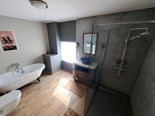 a bathroom with a shower and a tub and a sink at Aux alouettes in Landelies