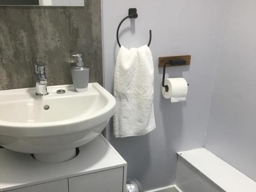 a white bathroom with a sink and a roll of toilet paper at Highland Bridge Hotel in Spean Bridge