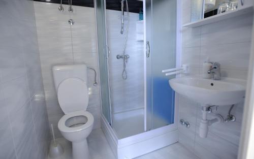 a bathroom with a toilet and a shower and a sink at Apartments Deli in Vrsi