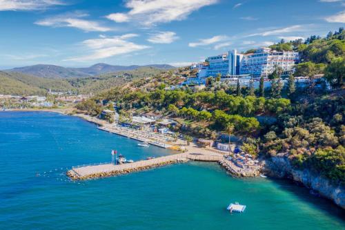 an aerial view of a body of water with a harbor at Labranda Ephesus Princess - All Inclusive in Kusadası