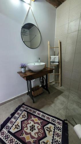 uma casa de banho com um lavatório e um espelho na parede em Casa cu Lavanda em Petroşani
