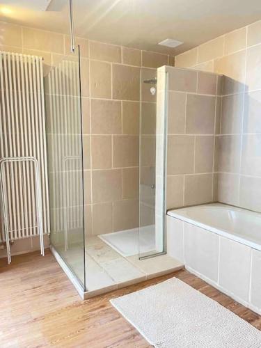 a bathroom with a glass shower and a tub at Ingerichte woning met tuin in Leuven