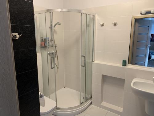 y baño con ducha, aseo y lavamanos. en Apartament Plac Kaszubski, en Gdynia
