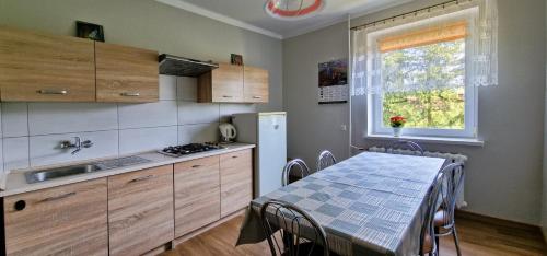 uma cozinha com uma mesa, um lavatório e um frigorífico em Pokoje u Agaty em Solec-Zdrój