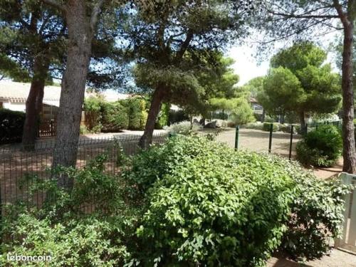 un buisson dans un parc avec des arbres et une clôture dans l'établissement T2 luxe rdj cap d agde, au Cap d'Agde