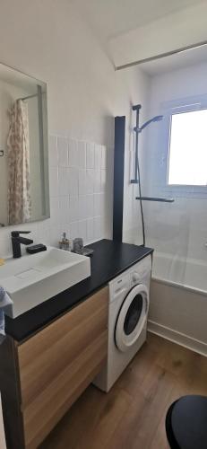 une salle de bain avec un lavabo et une machine à laver dans l'établissement Chez Brigitte,, à Pornichet