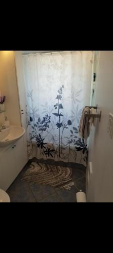a bathroom with a blue and white wall at Confort belles chambres privées dans un duplex in Montreal