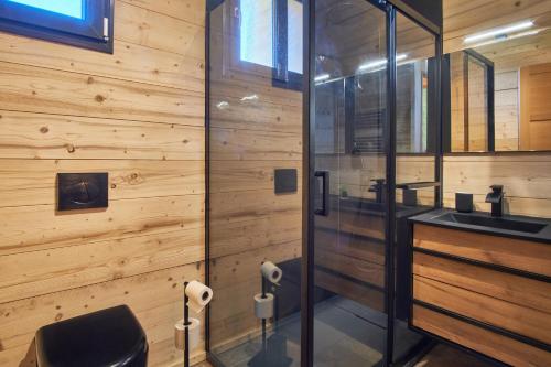 a bathroom with a sink and a glass shower at Chalet le Lys Martagon in Saint-Pierre-dʼEntremont