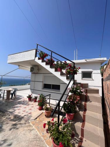 a building with stairs and potted plants on it at Vila Endry in Vlorë