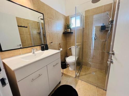 ein Bad mit einer Dusche, einem Waschbecken und einem WC in der Unterkunft פינה בשחף in Bustan HaGalil