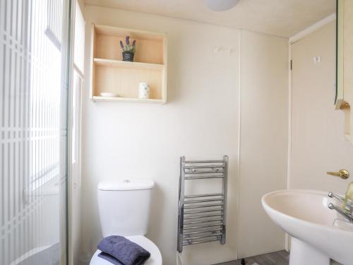 a white bathroom with a toilet and a sink at Tyn Clwt in Caernarfon