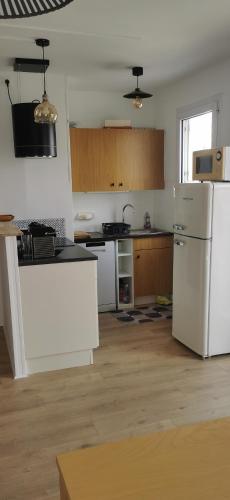 La cuisine est équipée d'un réfrigérateur blanc et de placards en bois. dans l'établissement Chez Brigitte,, à Pornichet
