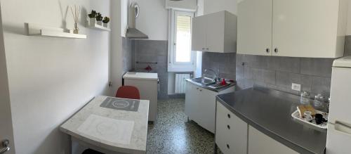 uma cozinha branca com um lavatório e um balcão em CASA DENDI em Trieste