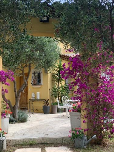 - un patio avec des fleurs violettes et une table dans l'établissement Appartement Ds Villa Terre Blanche, à Sanary-sur-Mer