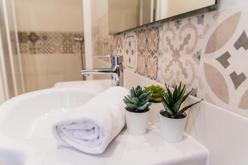 薩洛的住宿－普拉納斯酒店，浴室水槽,上面有毛巾和盆栽植物