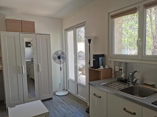 eine Küche mit einer Spüle und einem Ventilator in der Unterkunft lili in La Seyne-sur-Mer