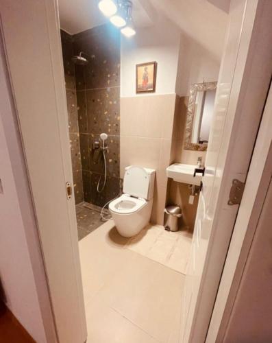 a bathroom with a toilet and a sink and a shower at Tini’s Home in Vuno