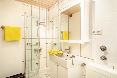 uma casa de banho com um lavatório e um chuveiro em Marie em Weiler-Simmerberg