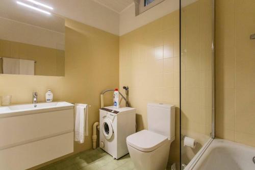 W łazience znajduje się toaleta, umywalka i pralka. w obiekcie Casa Magging un oasi nel verde w mieście Locarno