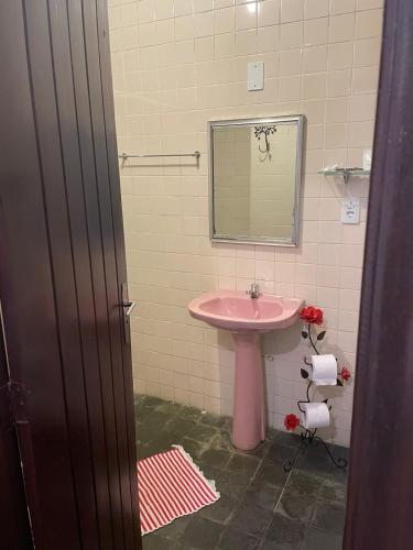 a bathroom with a pink sink and a mirror at Pousada Minas Goiás in Tiradentes