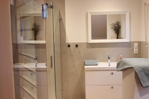 La salle de bains est pourvue d'une douche, de 2 lavabos et de miroirs. dans l'établissement Ferienwohnung Lorenz´ Traumzeit - Emsland, à Dörpen