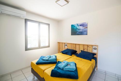 a bedroom with two beds with blue pillows at un Air de Repos in Vieux-Boucau-les-Bains