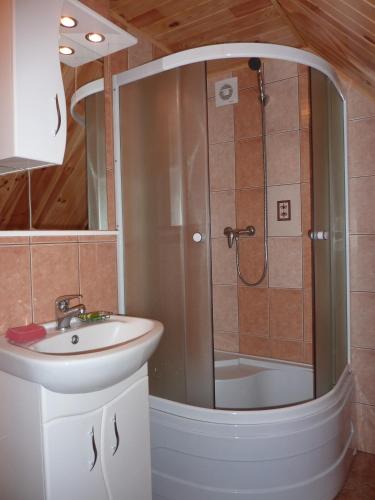 a bathroom with a shower and a sink at Sadyba Bilya Richky in Yaremche