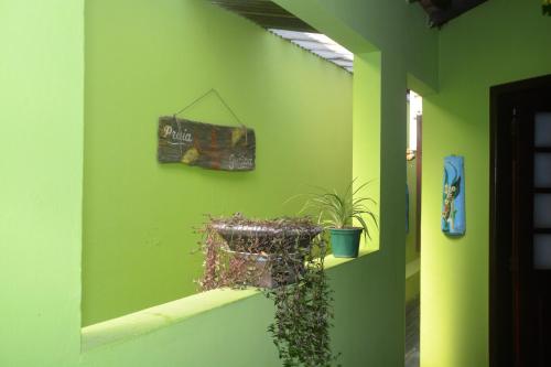 a green wall with a sign and plants on it at Pousada Mare Blue in Búzios