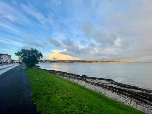 a road next to a body of water with a tree at Bayside - Breathtaking views of the Clyde in Rothesay