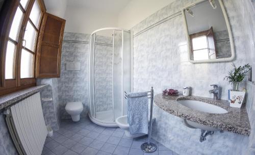 a bathroom with a sink and a shower and a toilet at Agriturismo San Leone in Volterra