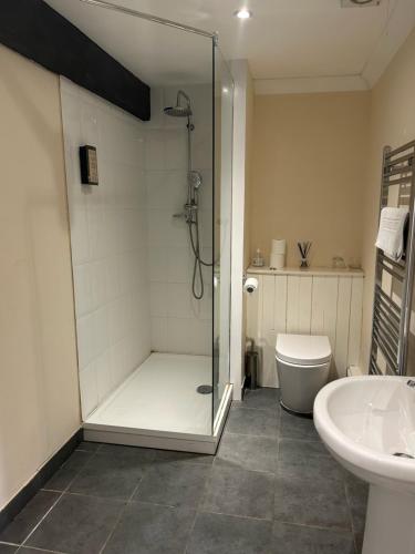 a bathroom with a shower and a toilet and a sink at The Highwayman Hotel in Oxford