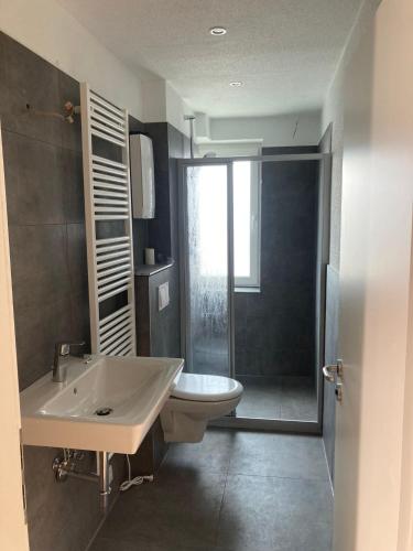 a bathroom with a sink and a toilet and a shower at Ferienwohnung Schuur - Harz in Hasselfelde