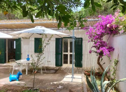 a patio with an umbrella and a table with purple flowers at Casa Azzurra in Conca Specchiulla