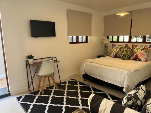 1 dormitorio con 1 cama y TV en la pared en The Green Room on Leo Epstein, en Johannesburgo