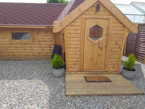 a wooden shed with a door and two potted plants at The Croft in Bridgnorth