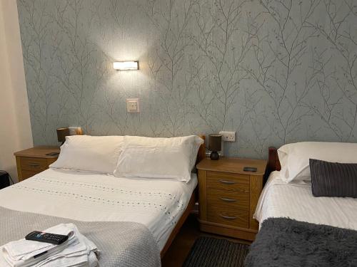 a bedroom with two beds and a wall with wallpaper at Aquarius B&B in Newquay