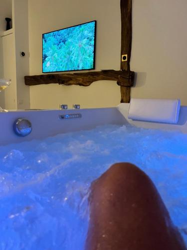 a tub filled with blue water next to a window at Tamarin & Capucin Suite Balnéo in Aubagne
