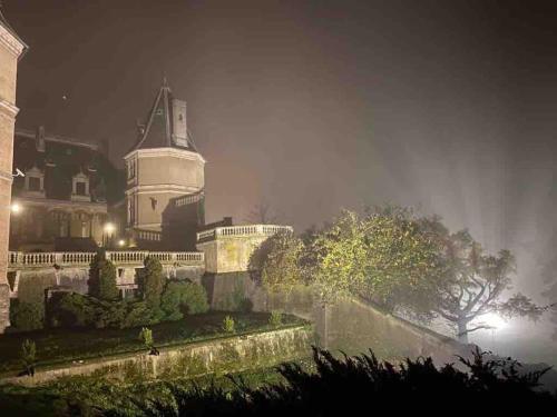 zamek w nocy z budynkiem w tle w obiekcie Apartamenty Leśne Historie 1 w mieście Gołuchów