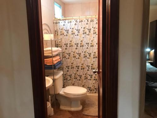 a bathroom with a toilet and a shower curtain at Punta Chame Club and Resort in Chame