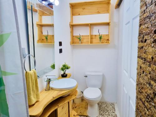 a small bathroom with a toilet and a sink at 714 Studios in San José
