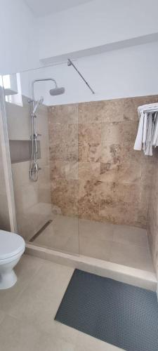 a shower with a glass door in a bathroom at Vila DVG Costinesti in Costinesti