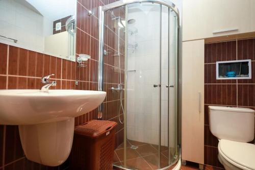 ブルガスにあるSanta Cruz apartmentのバスルーム(シャワー、洗面台、トイレ付)
