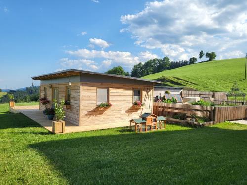 a small cabin in the middle of a green field at Gartentraum am Bauernhof in Obdach