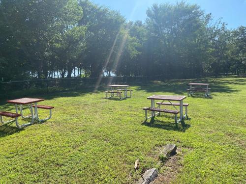 a group of picnic tables in a field at Off the Hook in Eufaula