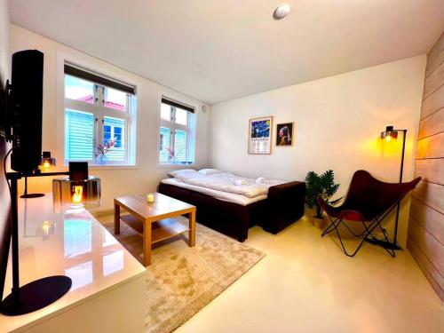 uma sala de estar com uma cama e uma cadeira em The Green Door H2 em Stavanger