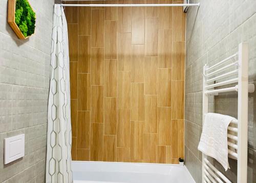 a bathroom with a tub and a shower at Aventurescu Studio Brasov Coresi in Braşov