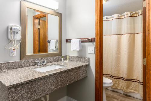 a bathroom with a sink and a toilet and a mirror at Captains Quarters Motel & Conference Center in Eastham