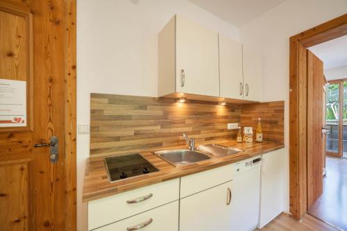 cocina con fregadero y pared de madera en Langstein Wohnung Sonnenblume, en Coldrano