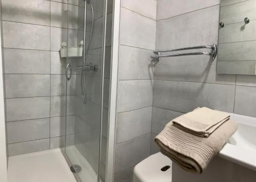 een badkamer met een douche, een toilet en een wastafel bij T2 Rés Océanides vue Océan, parking privé in Lacanau-Océan